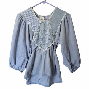 YouBabes 70's Women's Medium Baby Blue Cotton Blouse 3/4 Balloon Sleeves & Tie